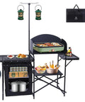 All In One Camping Kitchen Station With Light Stand And Windshield Portable Foldable Grill Table And Cook Station Picnic Table For Beach And Outdoors Includes Organizers And Carry Bag Black with lanterns and cookware included