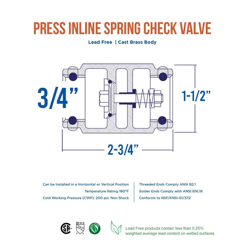 Inline spring check valve, 3/4 in press connections, lead-free cast brass, backflow prevention.
