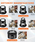 Five Piece Jewelers Loupe Set With 5X 10X 15X 20X 30X 36mm Glass Lenses, Ultra Portable Pocket Magnifier for detail work