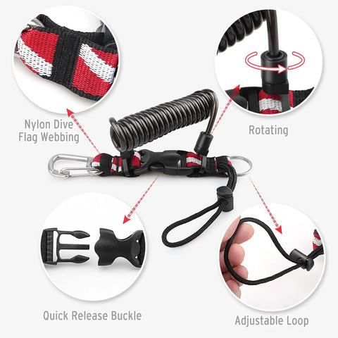Coiled Lanyard for Scuba Gear with Heavy Duty Stainless Steel Core and TPU Shell Tough as Nails Retractable Safety Cord, adjustable loop