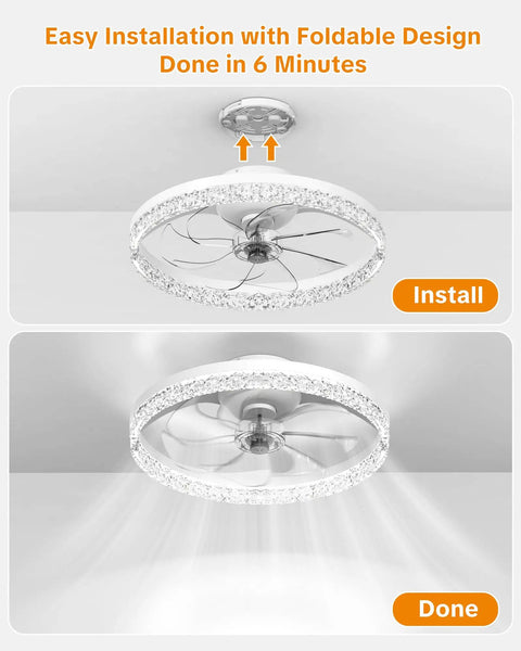 20 Inch Low Profile Fandelier With Integrated Light And Smart App Control, Modern Ceiling Fan With Remote, Six Speed Adjustments That Hit Different For Silent Operation And Total Vibe Upgrades, installation process, foldable design
