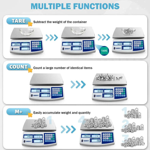 Image showing a digital counting scale for inventory with 30kg capacity and 0.1g precision, demonstrating tare, count, and M+ functions.