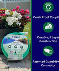 Five Eighth Inch By Fifty Foot Heavy Duty Five Ply Forever Garden Hose with flowers and durability features displayed