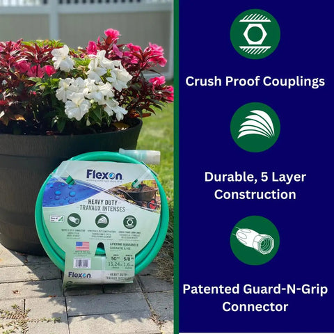 Five Eighth Inch By Fifty Foot Heavy Duty Five Ply Forever Garden Hose with flowers and durability features displayed