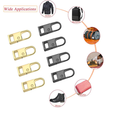 8 Pack Zipper Pull Replacement Set With Detachable Tabs In Gold And Brilliant Black For Easy Swaps, 1 Inch Zinc Alloy Pulls for jackets, backpacks, shoes, wallets, and bags.