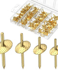 Top Tier 80 Piece Picture Hanging Kit Featuring Assorted Bulletproof Metal Hooks And Heavy Duty Nails For Stress Free Wall Art Displays Supporting Up To 60 Pounds For Quick Do It Yourself Home Makeovers - Gold nails in organized box.