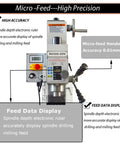 Real Deal 5.5 By 20 Inch Benchtop Mill Drill Press Featuring Hardcore 600W Brushless Spindle Smooth Variable Speed Range And Nifty Micro Feed Table For Hard Metals 110V electronic control panel with feed data display and micro-feed handwheel