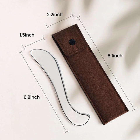 Stainless Steel Guasha Tool For Body Massage And Deep Tissue Myofascial Release Physical Therapy Scraping Tool shown with dimensions and case.