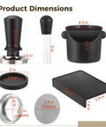 Product dimensions of Six Piece Espresso Accessories Kit featuring 58 mm coffee tamper, dosing funnel, knock box, and mat.