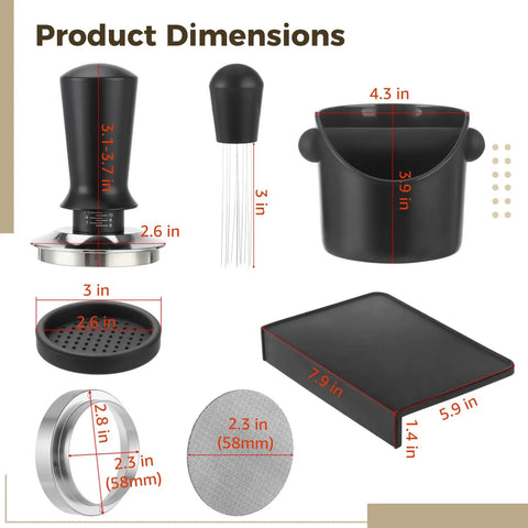 Product dimensions of the Essential Six Piece Espresso Accessories Kit Featuring 58 Mm Heavy Duty Tamper and tools.