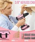 Woman using Pink Cordless Drill Driver 20V Kit with 2.0Ah Battery and Fast Charger for Women, drilling into wood shelf, with bit set