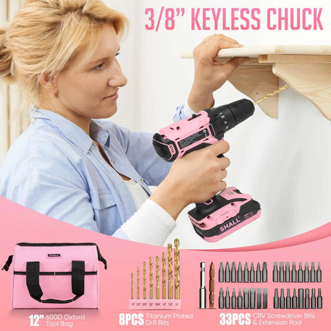 Woman using Pink Cordless Drill Driver 20V Kit with 2.0Ah Battery and Fast Charger for Women, drilling into wood shelf, with bit set