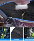 Foldable Windshield Sun Shade Umbrella Fits Tesla Model 3 Y S X Cybertruck shown installed in car with reflective fabric protection.