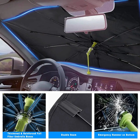 Foldable Windshield Sun Shade Umbrella Fits Tesla Model 3 Y S X Cybertruck shown installed in car with reflective fabric protection.