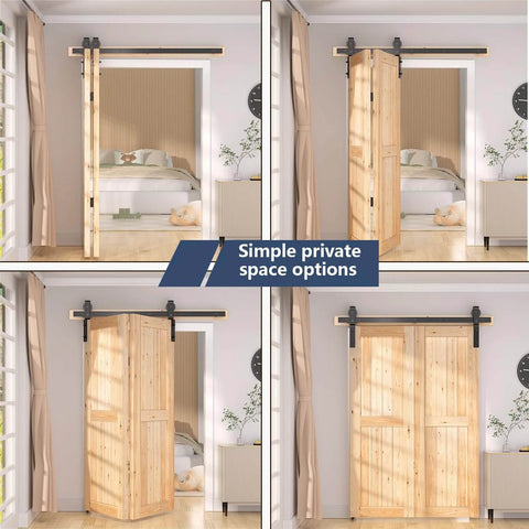 48 Inch Bifold Barn Door Hardware Kit For Two Doors In Black Finish With Corrosion Resistant Carbon Steel Construction Folding Push Pull System Anti Skipping Design Thickened Rails And Pulleys Space Saving Track Kit For Home Garage Or Studio installed view in bedroom