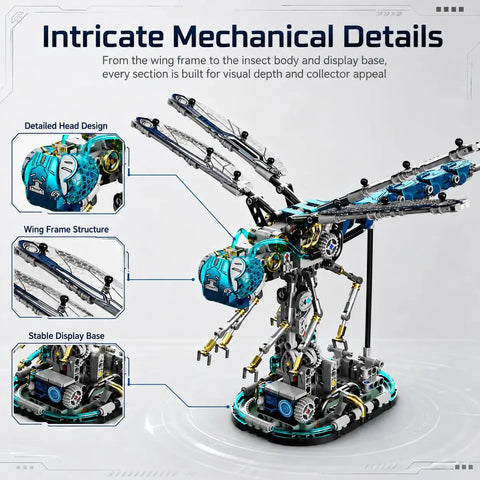 Dragonfly Mechanical Building Blocks Kit With 866 Pieces, insect mech model with movable wings on display base