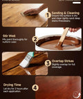 Instructions for using Golden Oak Wood Stain and Sealer in One 16 Oz, including sanding and cleaning, stirring, and drying time.