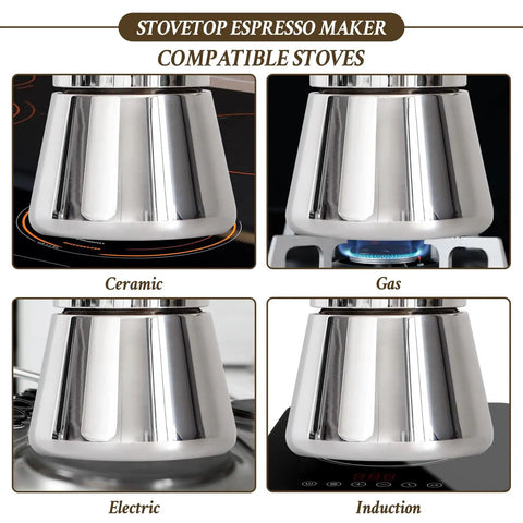 Stovetop Espresso Maker 6 Cup Moka Pot In Stainless Steel For Cuban Cafetera Cubana And Greca De Cafe Induction Compatible