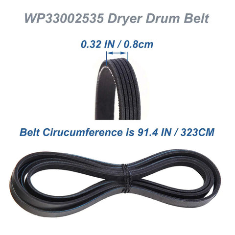WP33002535 dryer drum belt size details from Complete Dryer Drum Roller Kit With Idler Pulley And Belt Replacement Set For Maytag Kenmore Crosley Amana Jenn Air Clothes Dryers Squeak Free Smooth Performance Easy DIY Fix