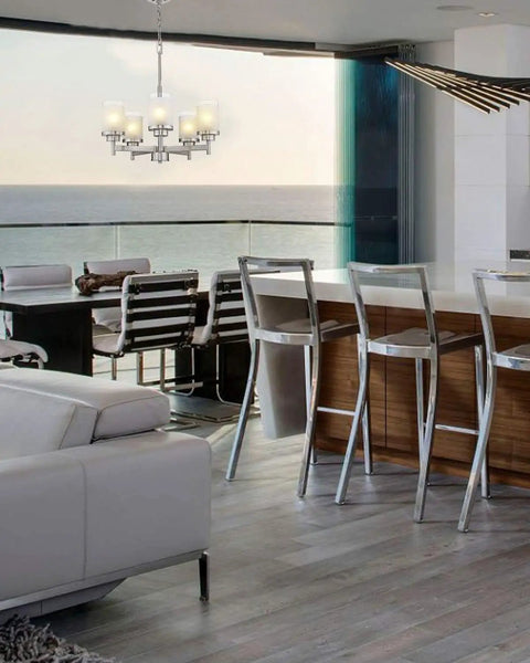 5-Light Industrial Pendant Chandelier For Kitchen Island And Living Room, Dope Brushed Nickel Finish With White Linen Frosted And Clear Glass Shades