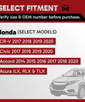 Fitment guide for Honda models including CR-V, Civic, Accord and Acura ILX, RLX, TLX, focusing on years 2014 to 2020.
