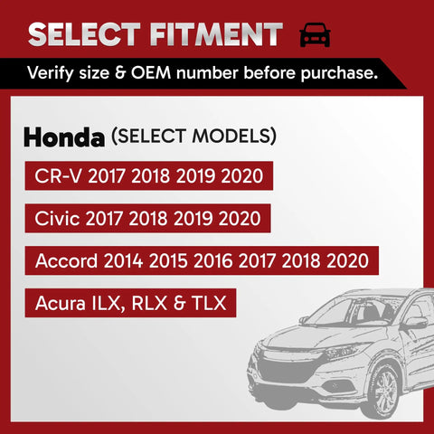 Fitment guide for Honda models including CR-V, Civic, Accord and Acura ILX, RLX, TLX, focusing on years 2014 to 2020.