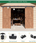 Beefy 13Ft Industrial Grade Black Double Door Track Kit for Exterior Sliding Barn Doors shown installed with accessories.