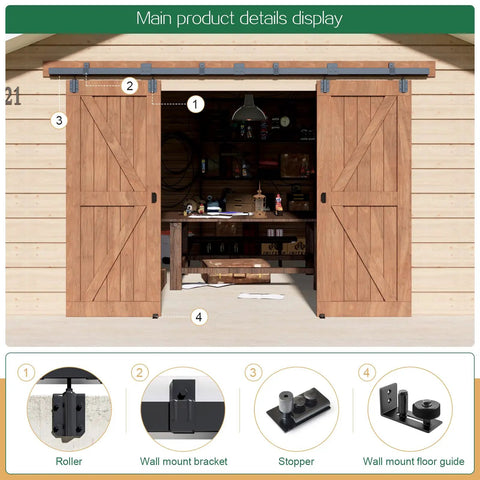 Beefy 13Ft Industrial Grade Black Double Door Track Kit for Exterior Sliding Barn Doors shown installed with accessories.