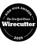 The New York Times Wirecutter Kids' Pick Awards 2025 badge, circular black design with white text.