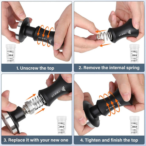 Steps to adjust Espresso Tamper 51mm With Dual Spring Load Delivers 30 Lb Constant Pressure, 2 Spring Options, stainless base.