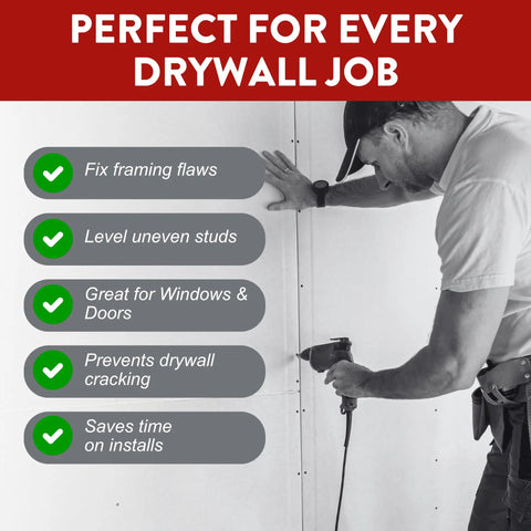 Contractor using drywall shims for leveling and framing fixes, easy dispense cardboard strips, 100 pieces, perfect for DIY projects.
