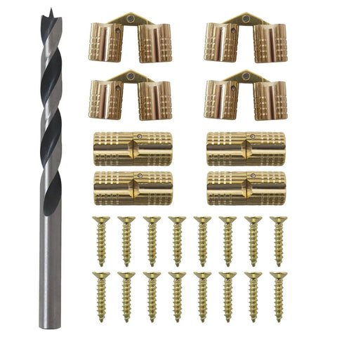 Eight Pieces 8 Mm Hidden Brass Barrel Hinges With 180 Degree Opening, screws, and drill bit for furniture projects