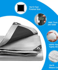 Heavy Duty 16 Mil Waterproof Tarp 10x10 Feet showing reinforced edges, rustproof grommets, and details of HDPE construction.
