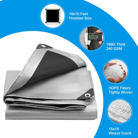 Heavy Duty 16 Mil Waterproof Tarp 10x10 Feet showing reinforced edges, rustproof grommets, and details of HDPE construction.