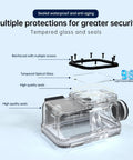 Detailed view of waterproof dive case construction for Action 5 Pro, 5, 4, and 3 cameras, highlighting tempered glass and seals.
