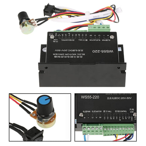 High Speed DC Brushless Motor Controller for 48V 500W spindle with analog speed regulation, external potentiometer, and wiring details.