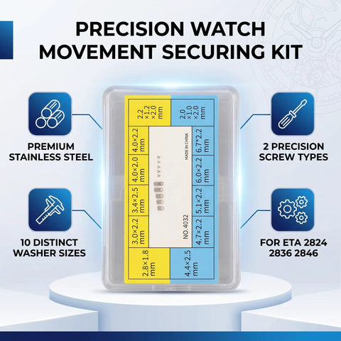 All In One Watch Case Gasket Kit With 200 Gaskets And 40 Screws For 2824 2836 284 Movements Casing Clamp Adapter Watch Repair Supplies Durable Washers And High Hardness Securing Screws in a box showing washer and screw specifications.