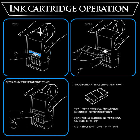 Step-by-step guide for ink cartridge operation in a self-inking date stamp with clear illustrations and instructions.