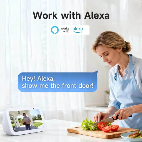 Woman using Alexa device with screen showing 2K Dual Lens Video Doorbell With Chime, Local Storage Up To 512GB Includes 64GB Card