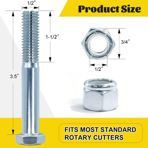 8 Pack Grade 2 Beefy Shear Bolts With Nylock Nuts For Rotary Cutters And Tractors One Half Inch By Thirteen Pitch Three And One Half Inch Length Half Thread Heavy Duty Fasteners shown with dimensions.
