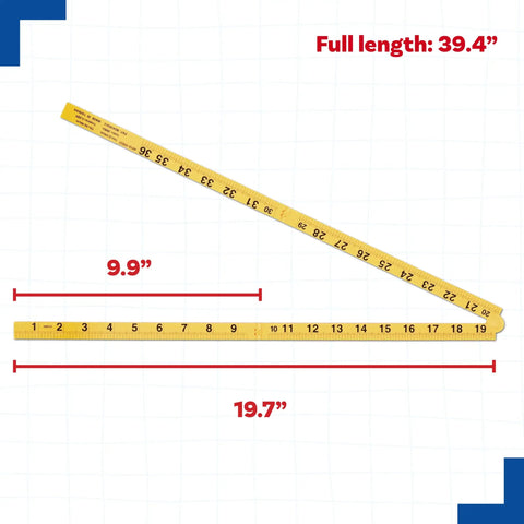 Folding Meter Stick With Inches, Centimeters, Millimeters And Meters For Quick Imperial And Metric Measurements shown folded and extended