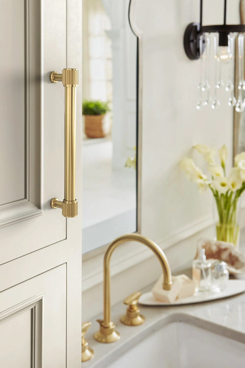 Farewind Transitional Champagne Bronze Cabinet Pull 6-5/16 Inch installed on kitchen cabinet beside sink