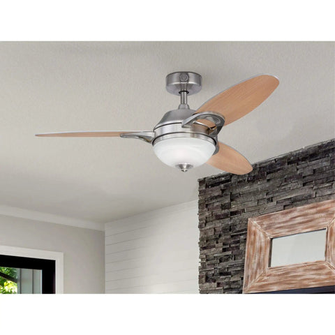 Arcadia 46 Inch Brushed Nickel Indoor Ceiling Fan With Dimmable LED Light Kit installed in a modern room