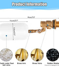 Diagram of Half Inch Brass Float Valve With Adjustable Arm, includes plastic ball float, brass valve, and rubber washer details.
