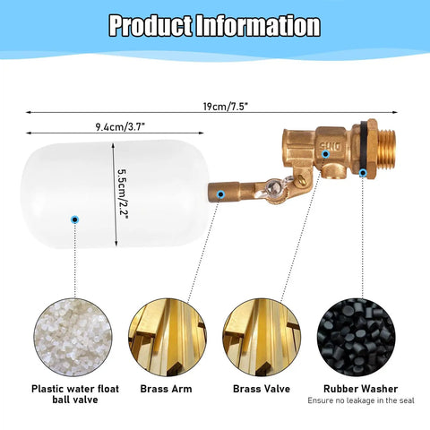 Diagram of Half Inch Brass Float Valve With Adjustable Arm, includes plastic ball float, brass valve, and rubber washer details.