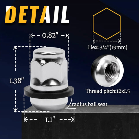 Set Of 20 12x1.5 Radius Ball Seat Lug Nuts With Washer Chrome Finish dimensions and specifications.