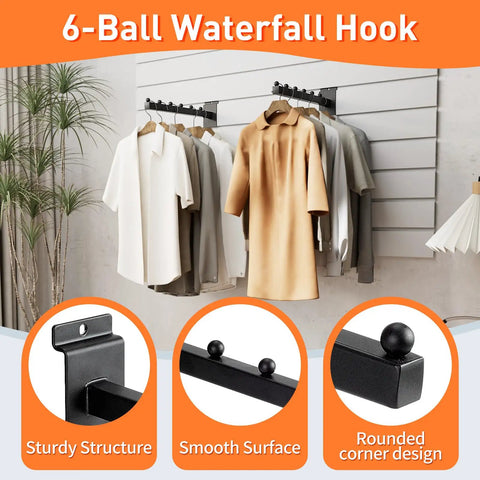 6-ball waterfall hooks on slatwall holding clothing, focus on 12 Inch Waterfall Slatwall Display Hooks, 6 Pack, Pro Grade Rugged Heavy Duty Steel