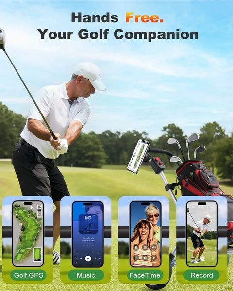 Golfer using MagSafe Golf Push Cart Phone Holder With 360 Degree Rotation Hands Free Mount during a golf game.