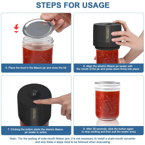 Cordless Electric Mason Jar Vacuum Sealer Kit For Food Storage With Two Mouth Seal Sizes application steps.