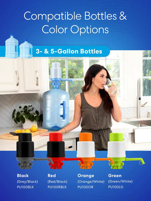 Woman using Universal Manual Drinking Water Pump For 3 To 5 Gallon Bottles with color options and adjustable tubing